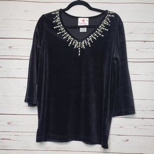 Quacker Factory Velour V-Neck Top with Faux Pearl Accents